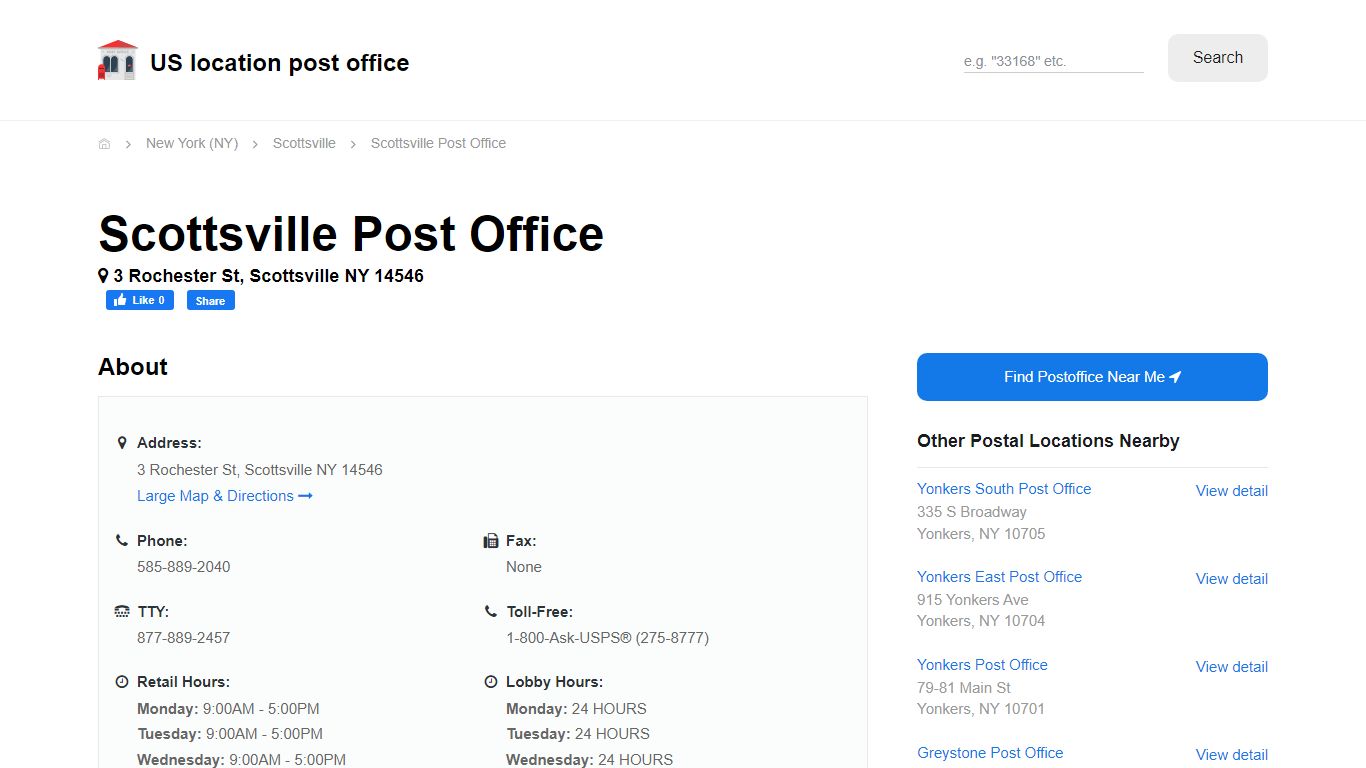 Scottsville Post Office, NY 14546 - Hours Phone Service and Location