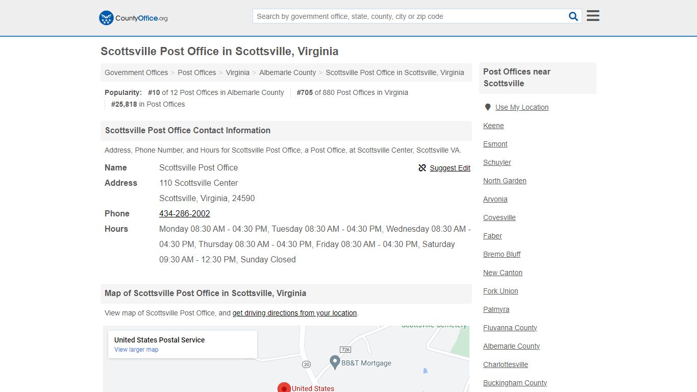 Scottsville Post Office - Scottsville, VA (Address, Phone, and Hours)