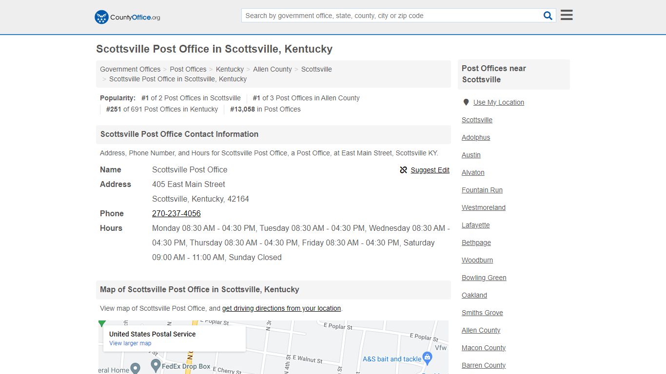 Scottsville Post Office - Scottsville, KY (Address, Phone, and Hours)