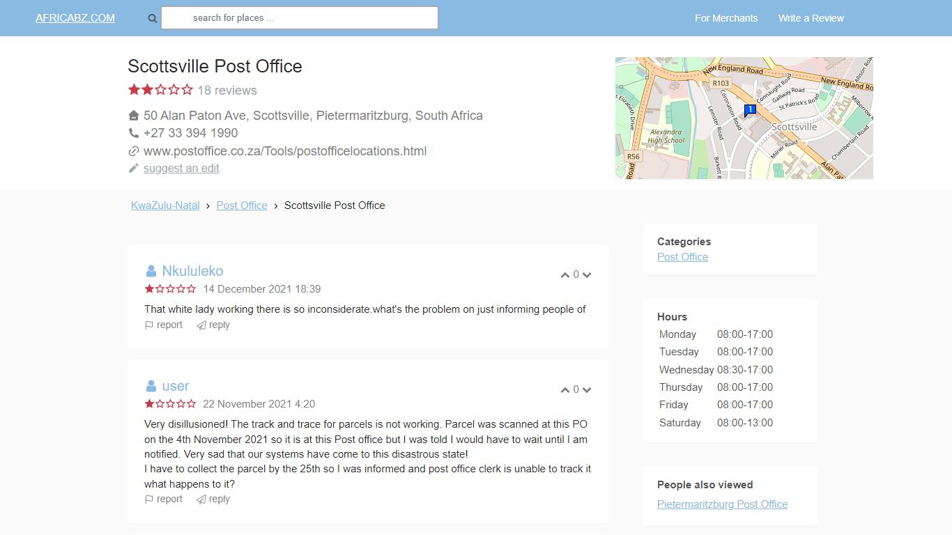 Scottsville Post Office, 50 Alan Paton Ave, Pietermaritzburg, phone +27 ...
